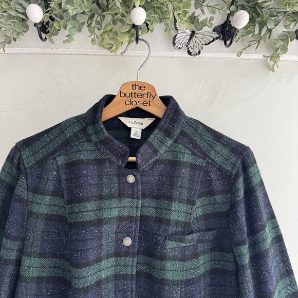 Women’s LL Bean Green Blue Tartan Snap Down Work/chore Coat M Wool Blend qq45 - Picture 2 of 5